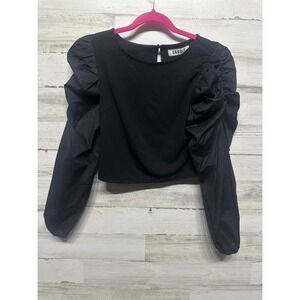 Gaudie Puff Sleeve Top Women Size S Black Ruched Crop Keyhole NWT
